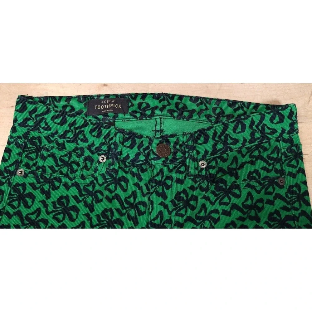J. Crew‎ Toothpick Corduroy Skinny Jeans Green Shamrock Print Womens Size 24